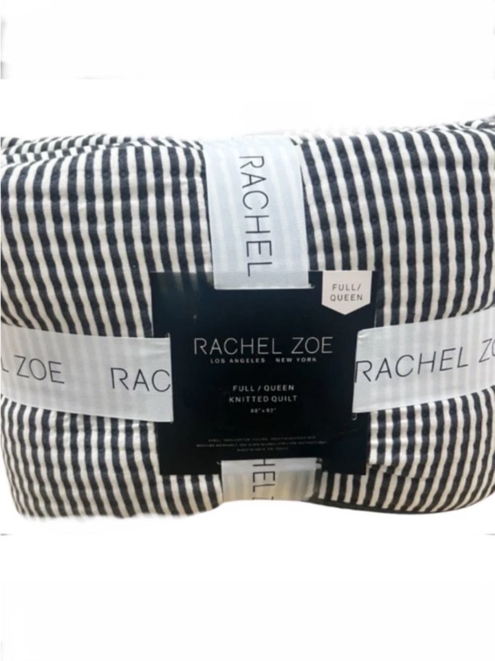 Rachel Zoe Blue and White Striped Cotton Knitted Queen Quilt 88”x92”